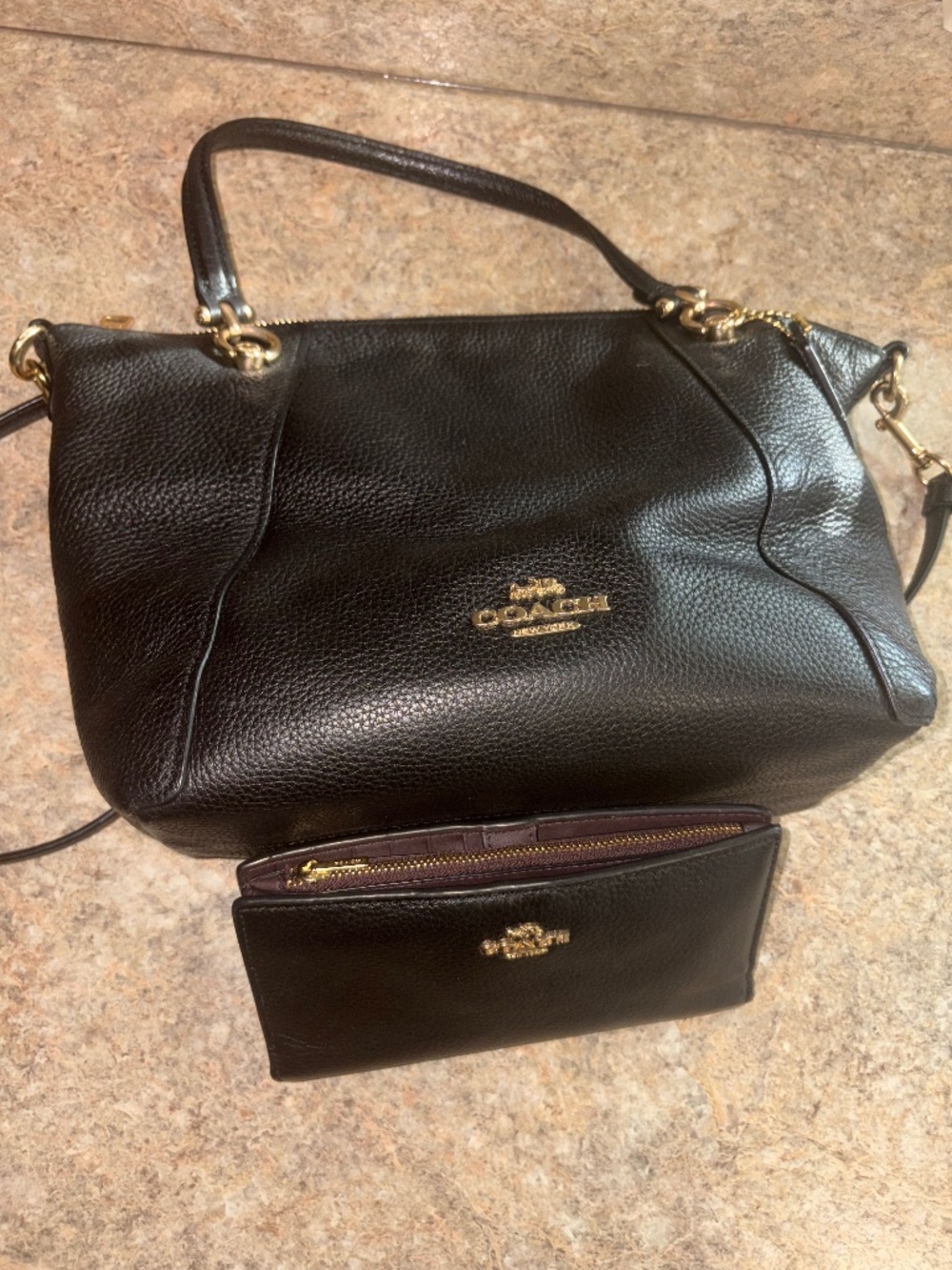 Coach Black Pebbled Leather Handbag and Wallet Set